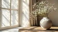 White wildflowers in paunchy vase on round old wooden brown table against empty gray wall. Natural side lighting from window