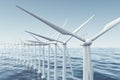 White wind turbine generating electricity in sea, ocean. Clean energy, wind energy, ecological concept. 3d rendering Royalty Free Stock Photo