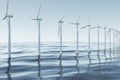 White wind turbine generating electricity in sea, ocean. Clean energy, wind energy, ecological concept. 3d rendering Royalty Free Stock Photo