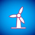 White Wind turbine icon isolated on blue background. Wind generator sign. Windmill for electric power production. Vector Royalty Free Stock Photo