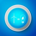 White Wind turbine and light bulb with leaves as idea of eco-friendly source of energy icon isolated on blue background Royalty Free Stock Photo