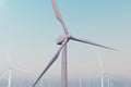 White wind turbines generating electricity in sea, ocean. Clean energy, wind energy, ecological concept. 3d rendering Royalty Free Stock Photo