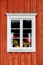 White window with red flowers Royalty Free Stock Photo