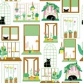 White windows with grids and decoration seamless vector background. Ivory, green, and brown windows with curtain, cats