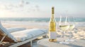 White wine with blank label on the table a sandy beach with the sunset ocean in the background. Royalty Free Stock Photo