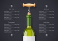White Wine bottle, cork and corkscrew concept design for Wines list Royalty Free Stock Photo