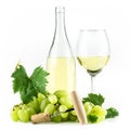 White wine bottle, corkscrew, wineglass, and grapes. Royalty Free Stock Photo