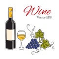 White wine bottle, glass and grapes vector illustration. Royalty Free Stock Photo