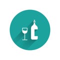 White Wine bottle with wine glass icon isolated with long shadow. Happy Easter. Green circle button. Vector