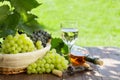 White wine bottle and glass, red and white grape Royalty Free Stock Photo