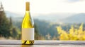 White wine bottle, mountain view, blank label, outdoor table, autumn Royalty Free Stock Photo