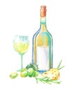 White wine bottle,rosemary, grapes and cheese.Picture of a alcoholic drink. Royalty Free Stock Photo