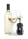 White wine bottle, two glasses and corkscrew Royalty Free Stock Photo