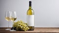 White wine bottle and two glasses of white wine on wooden table Royalty Free Stock Photo