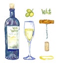 White wine bottle, wineglass, grapes, corkscrew, cork and stain, isolated set