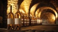 White wine bottles in arched stone cellar Royalty Free Stock Photo