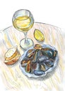 White wine, bread and mussels. Watercolor painting Royalty Free Stock Photo