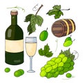 White wine, a bunch of grapes and grape leaves Royalty Free Stock Photo