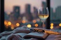 White wine elegance bed, book, spectacles, city lights backdrop