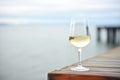 white wine glass with coastal ocean pier in the background