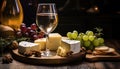 White wine glass with an exquisite variety of cheeses on a rustic wooden table