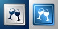 White Wine glass icon isolated on blue and grey background. Wineglass sign. Silver and blue square button. Vector Royalty Free Stock Photo