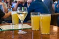 A white wine glass next to beer glasses on a wooden table at a bar in Brisbane, Australia Royalty Free Stock Photo