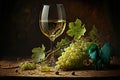 White wine in a glass and ripe grapes on wooden table. Generative AI Royalty Free Stock Photo