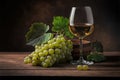 White wine in a glass and ripe grapes on wooden table. Generative AI Royalty Free Stock Photo