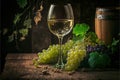 White wine in a glass and ripe grapes on wooden table. Generative AI Royalty Free Stock Photo