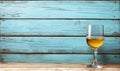 White wine glass on rustic wooden table against blue backdrop Royalty Free Stock Photo