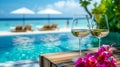 White wine in glasses on the background with pool and sandy beach - AI Generated Royalty Free Stock Photo