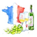 White wine, glasses, grapes and map of France.Picture of a alcoholic drink. Royalty Free Stock Photo