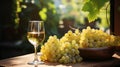 white wine in glasses, green grapes