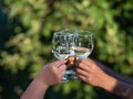 Wine glasses in hands of couple