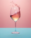 white wine or luxury champagne splashing on pastel pink and blue background, generative AI