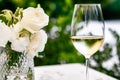 White wine in luxury restaurant on summer garden terrace, wine tasting experience at winery in the vineyard, gourmet Royalty Free Stock Photo