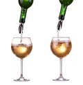 White wine pouring in a two glass from a bottle, dispenser on the bottle, wine jet, isolated on white