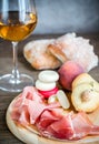 White wine with prosciutto and ciabatta Royalty Free Stock Photo