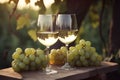 White Wine in wineglass, wine glasses and grapes close-up. Outdoors, generative AI tools Royalty Free Stock Photo