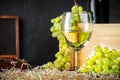 White wineglass and white yellow green bunches of berry grapes with bottle