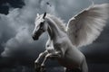 A white winged horse, flying in the clouds. Generative AI