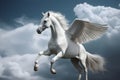 A white winged horse, flying in the clouds. Generative AI