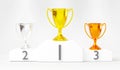 White winner podium, gold, silver and bronze trophy cup on prize podium for the champions Royalty Free Stock Photo