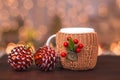 White winter cup in brown knitted sweater Royalty Free Stock Photo