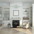 White winter interior,fireplace, books. 3d render Royalty Free Stock Photo