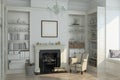 White winter interior,fireplace, books. 3d render Royalty Free Stock Photo