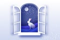 White winter Rabbit in paper cut style. Merry Christmas greetings card. Winter season holidays. Happy New Year. Blue