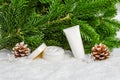 White winter skin care cosmetic products in snow with Christmas tree and pine cones. Face cream jar and hand creme tube