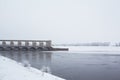 White winter tree,river and dam Royalty Free Stock Photo